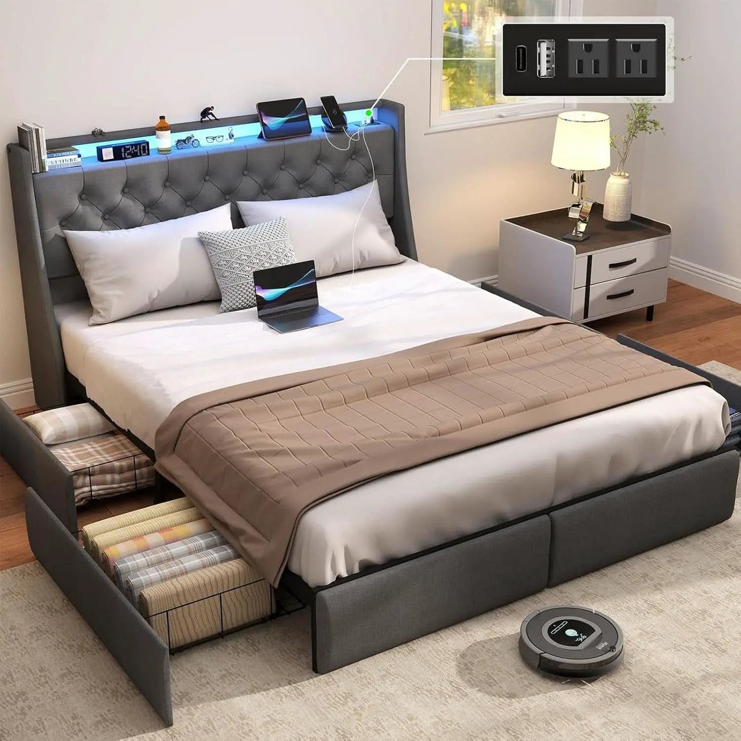 Queen Bed Frame With Storage Headboard LED Lighting from PriceLows™