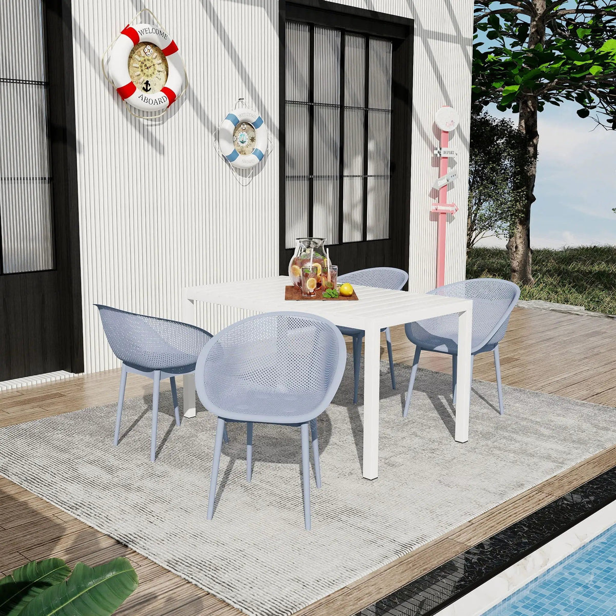 4 Pack Lounge Chair Set With Long Table | 5 Piece Outdoor Set | Metal | Dining Room