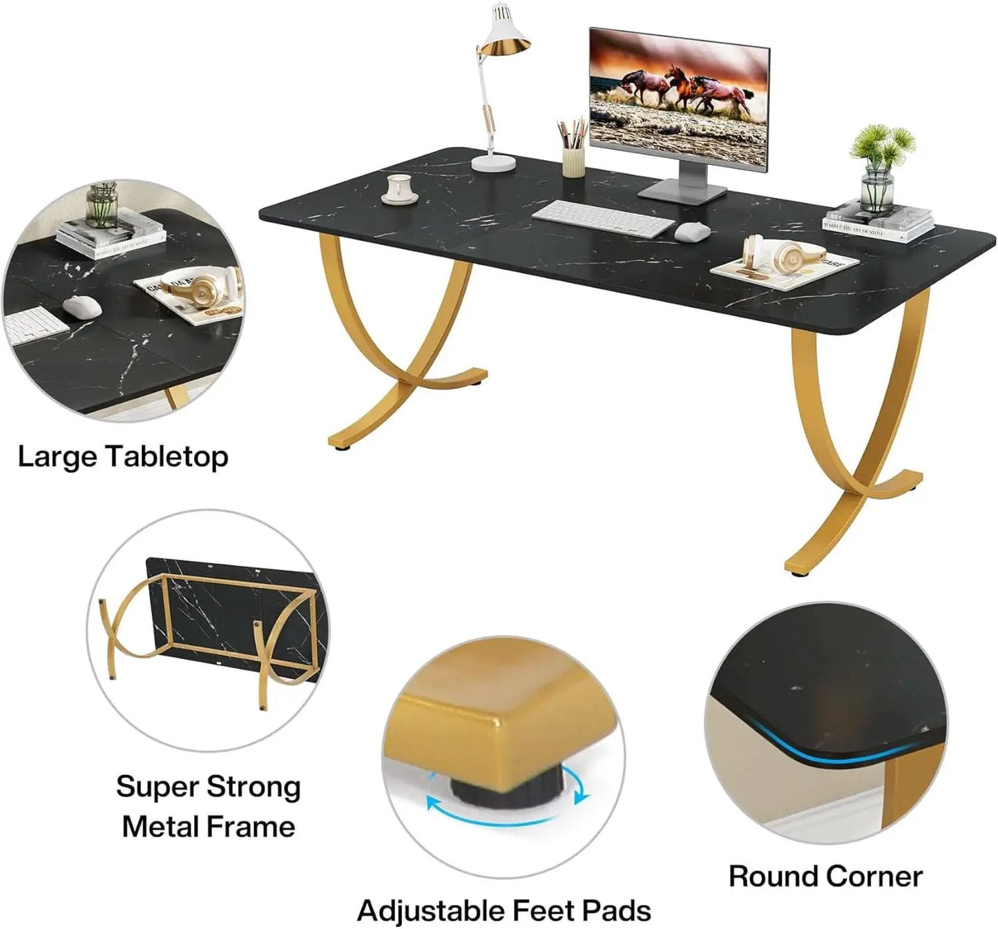 Executive Desk 63 Inch Wide Black And Gold Office Desk from PriceLows™