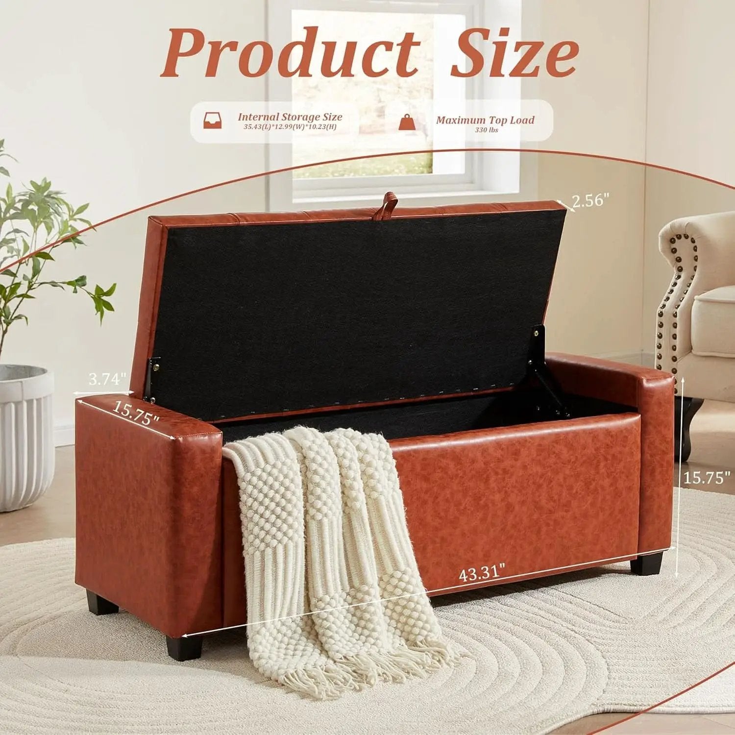 Storage Ottoman Tufted Leather Reddish Brown Bench from PriceLows™