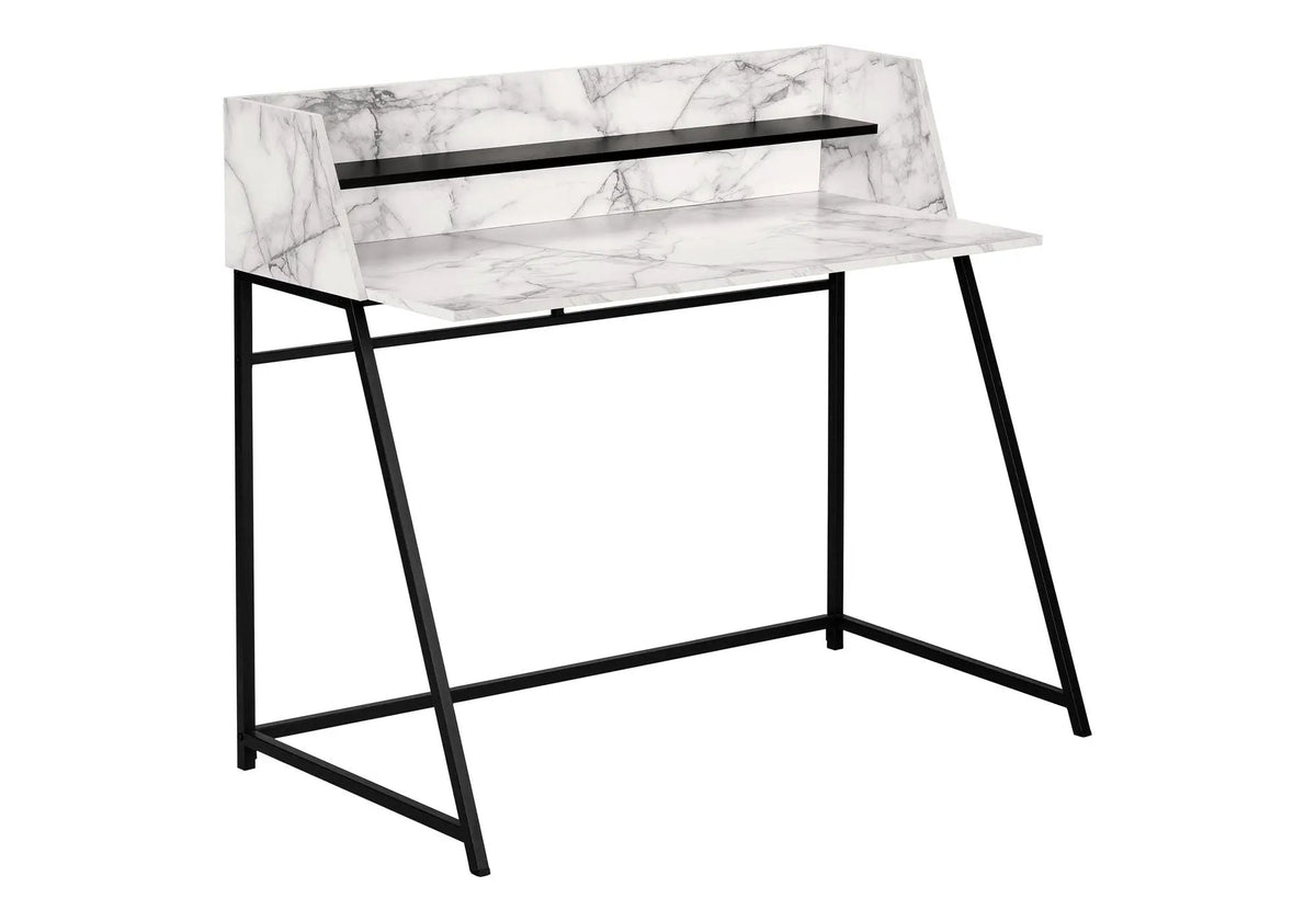 Marble Look Computer Desk | 47.25 Inch Width | Storage Shelves | Trapezoid Metal Base