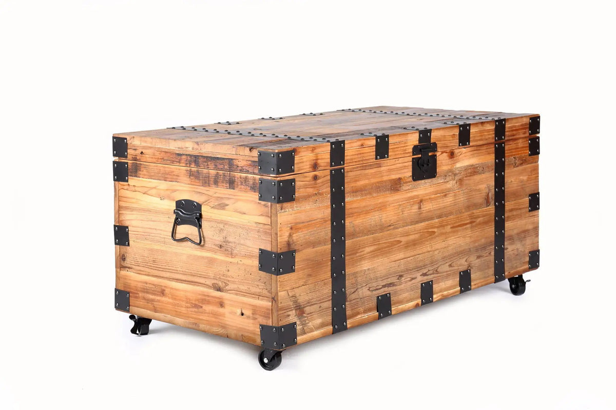 Trunk Coffee Table | Four Wheels | Large Storage Capacity | Natural And Black