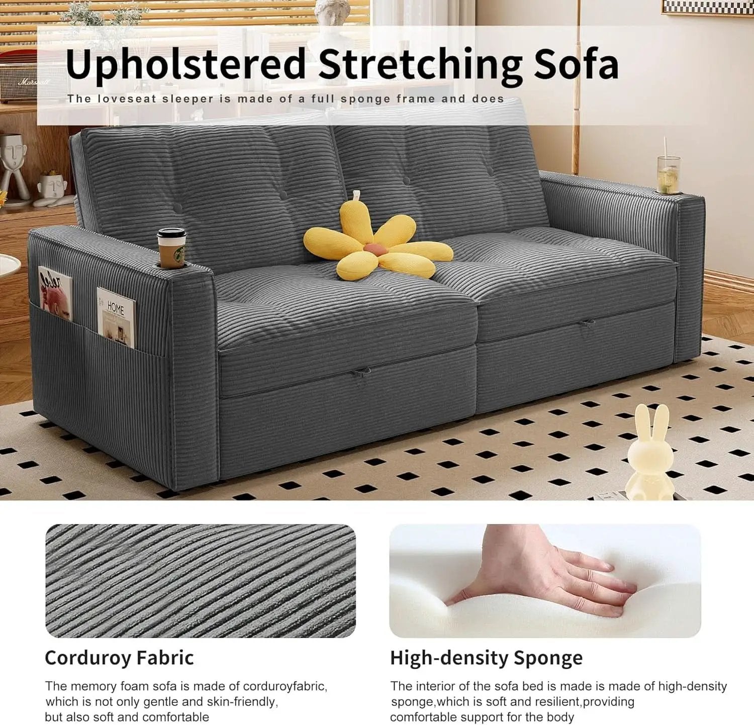 Gray Queen CorduroyTexture Transformable Sofa Bed USB from PriceLows™