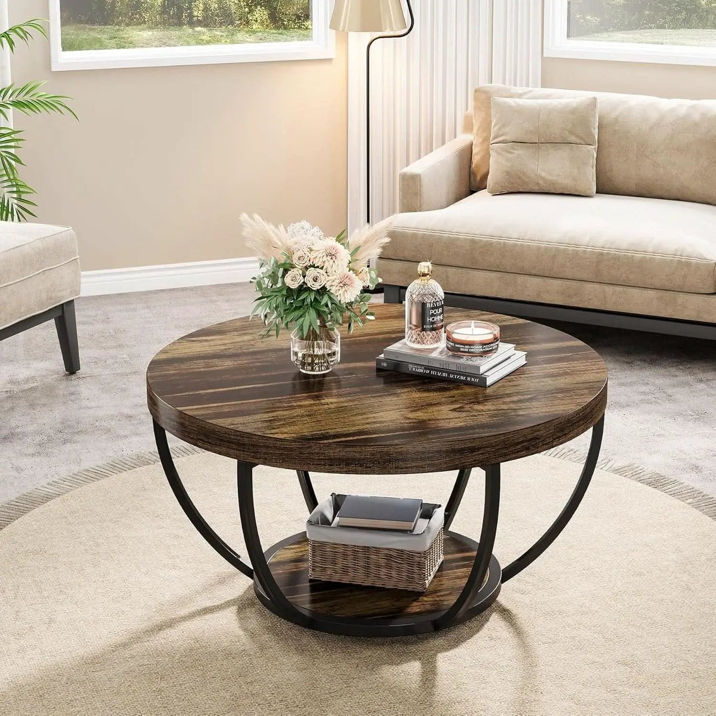 Round Coffee Table 31.7Inches Rustic Brown Storage from PriceLows™