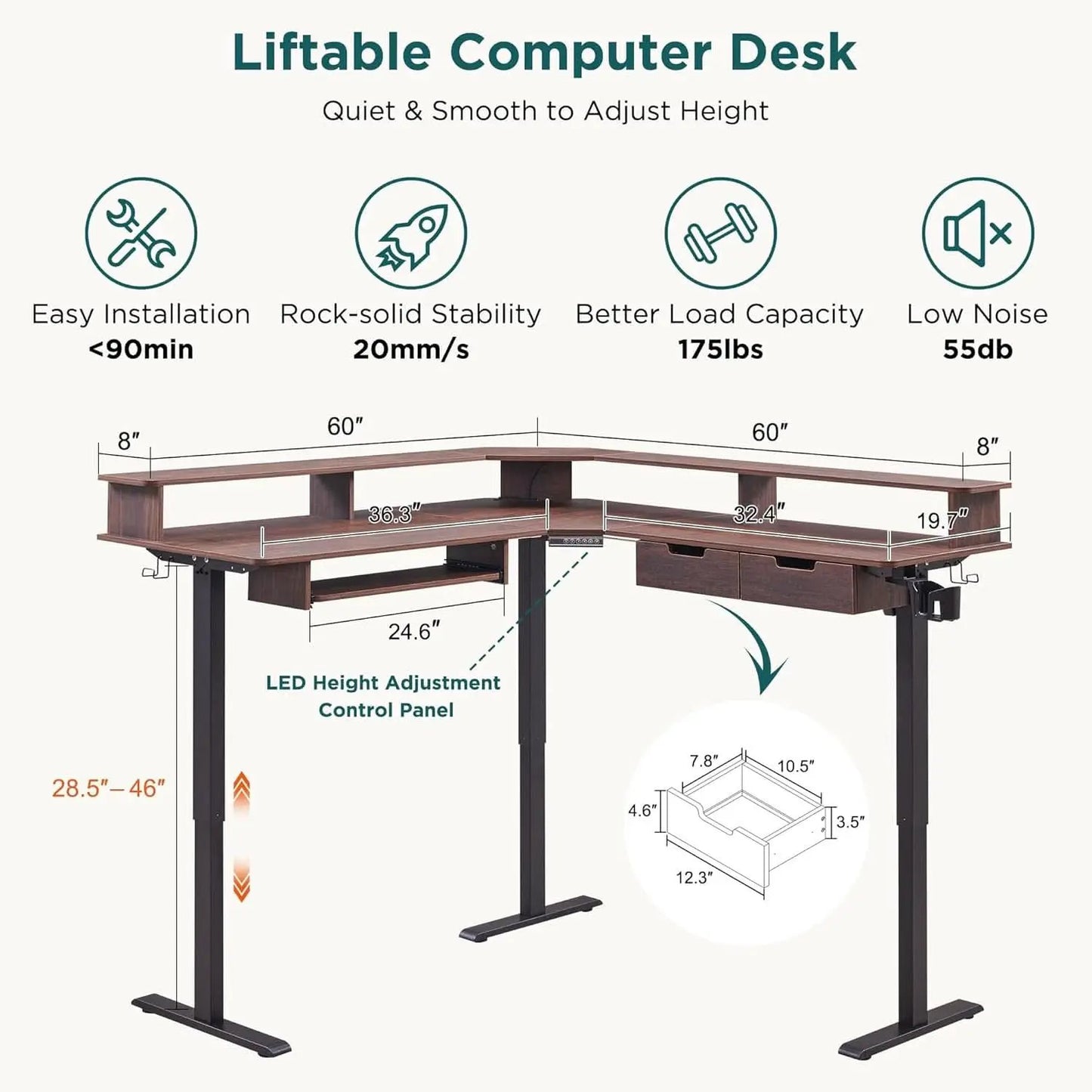 60 Inch Elevated Electric Standing Desk Dark Walnut from PriceLows™