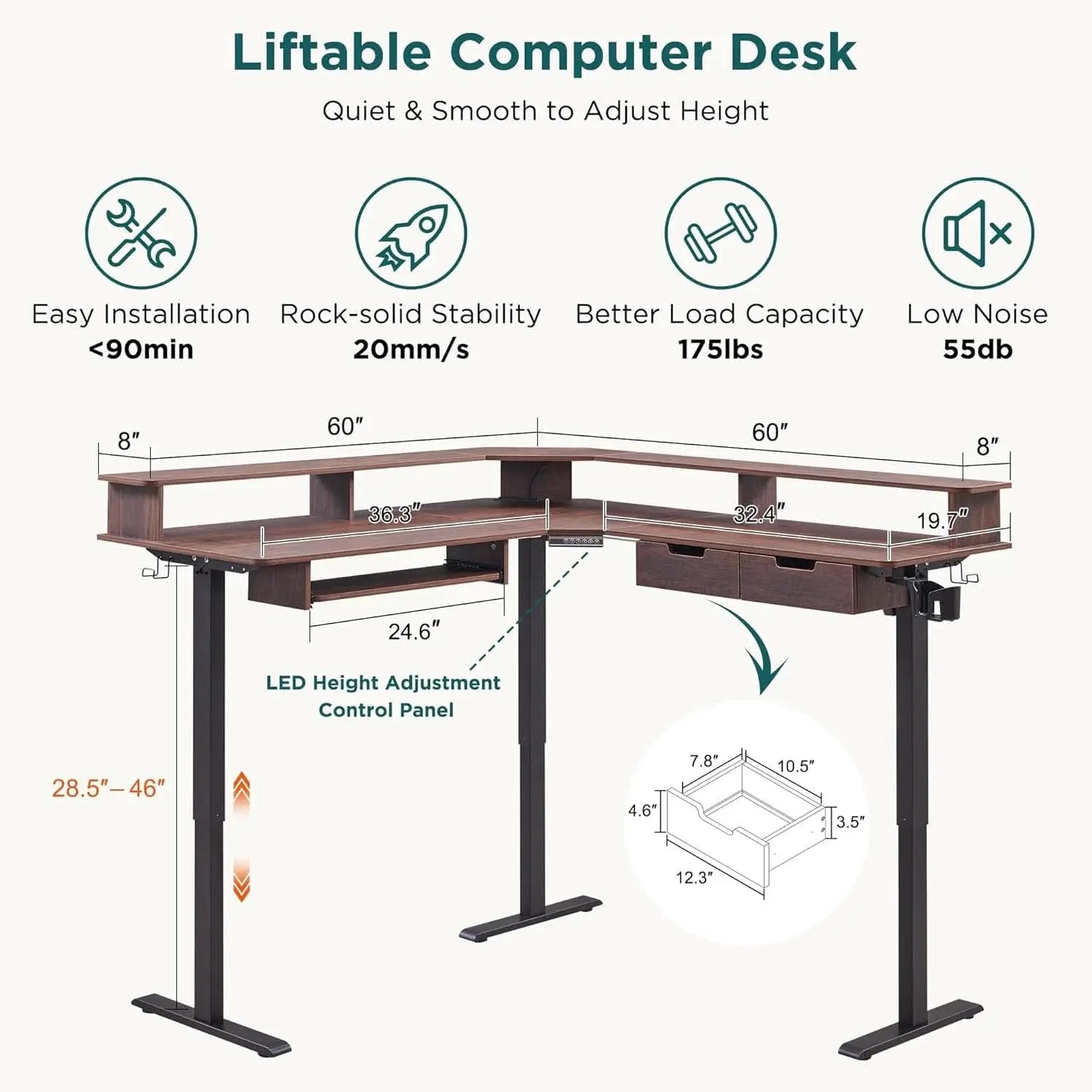 60 Inch Elevated Electric Standing Desk Dark Walnut from PriceLows™