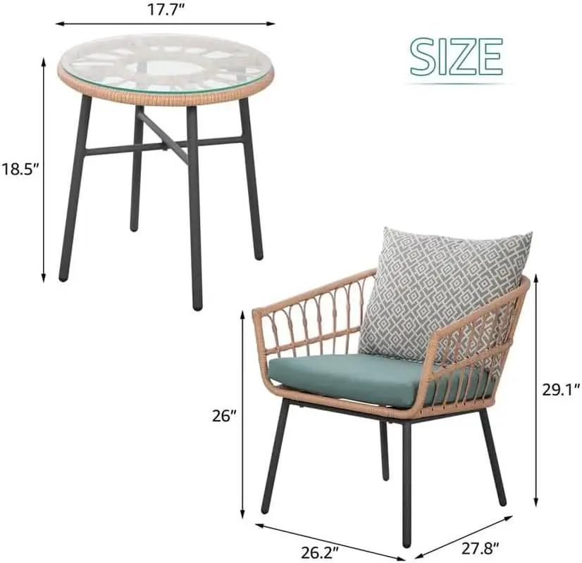 3 Piece Outdoor Patio Furniture Set With Conversation Bistro Tempered Coffee Table And Green Wicker Chairs from PriceLows™