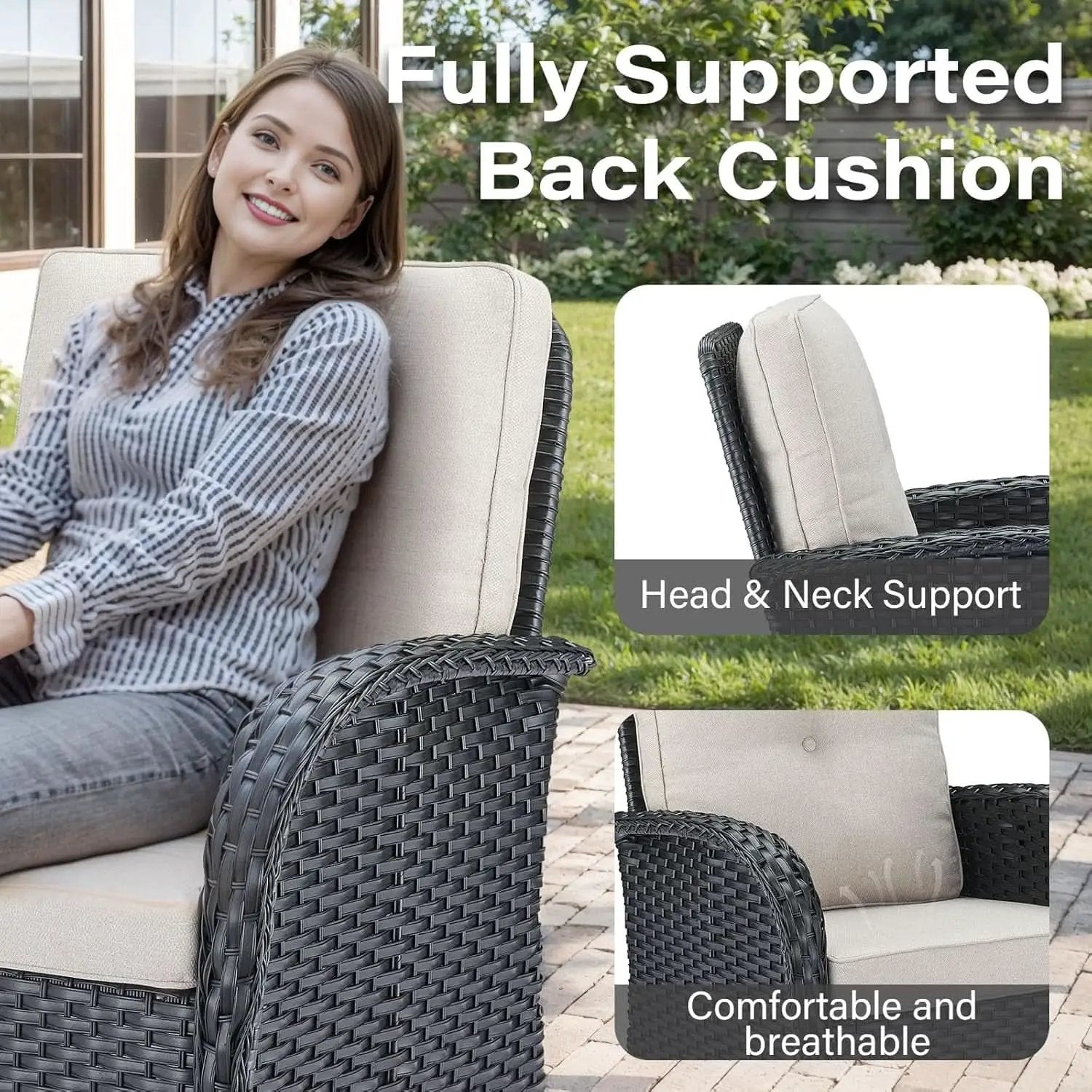 3 Piece Black Wicker Patio Furniture Set With Swivel Rocker Chairs And Side Table Beige Cushions from PriceLows™