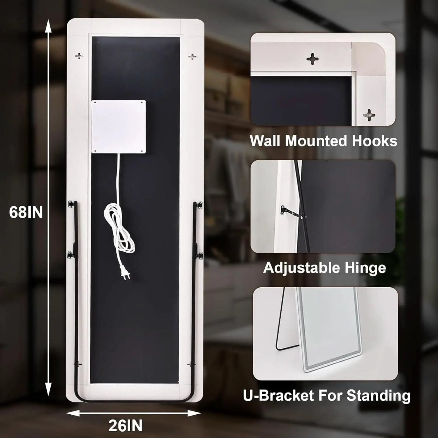 26x68 Inch Full Length Mirror With Lights LED Dimmable 3 Color Floor Standing Or Wall Hanging from PriceLows™