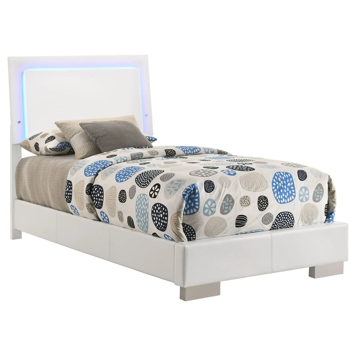 Felicity Wood Twin LED Panel Bed White High Gloss | 42.25 x 81 x 48.5 in | Faux Leather & Wood | Bedroom