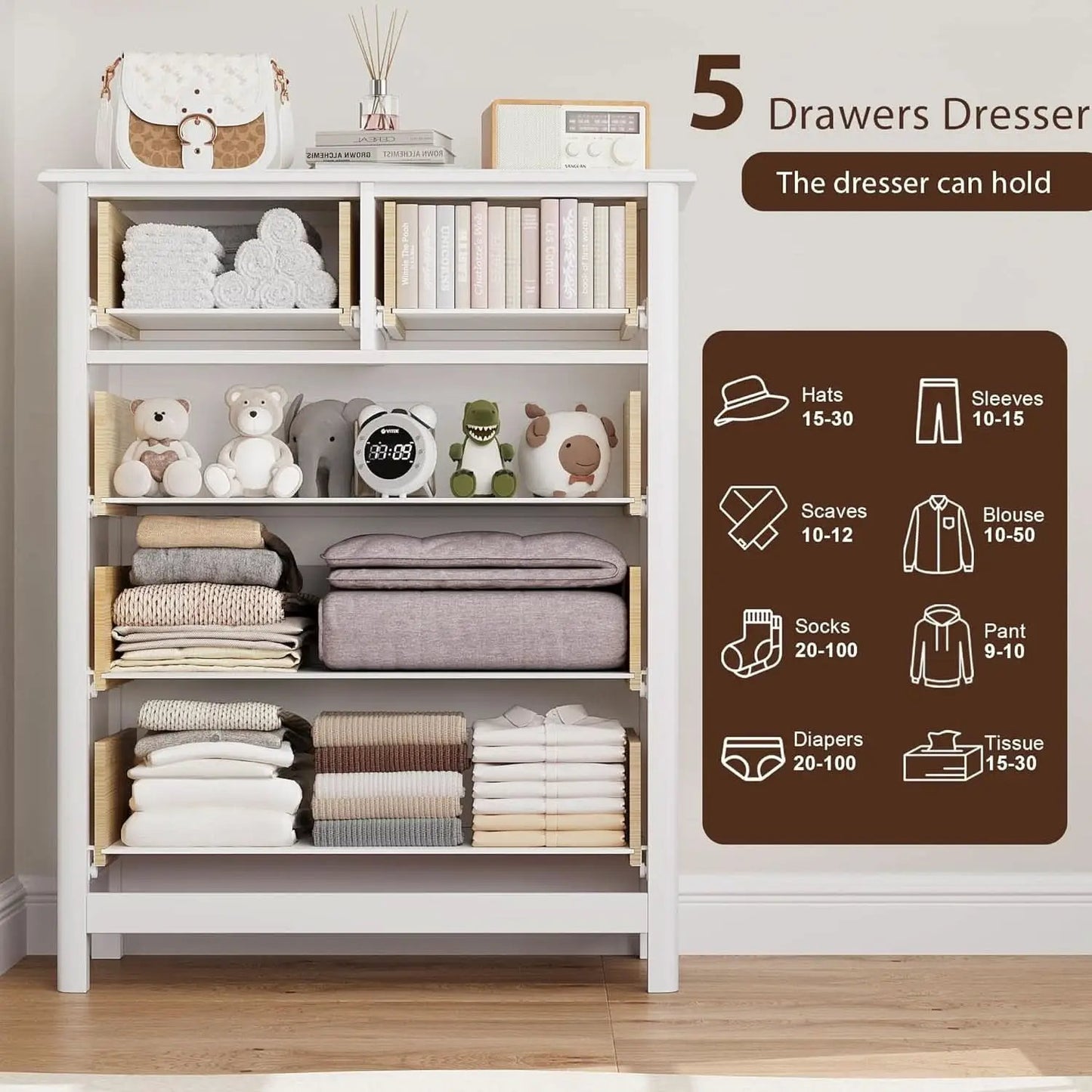 White Five Drawer Dresser For Bedroom Organization from PriceLows™