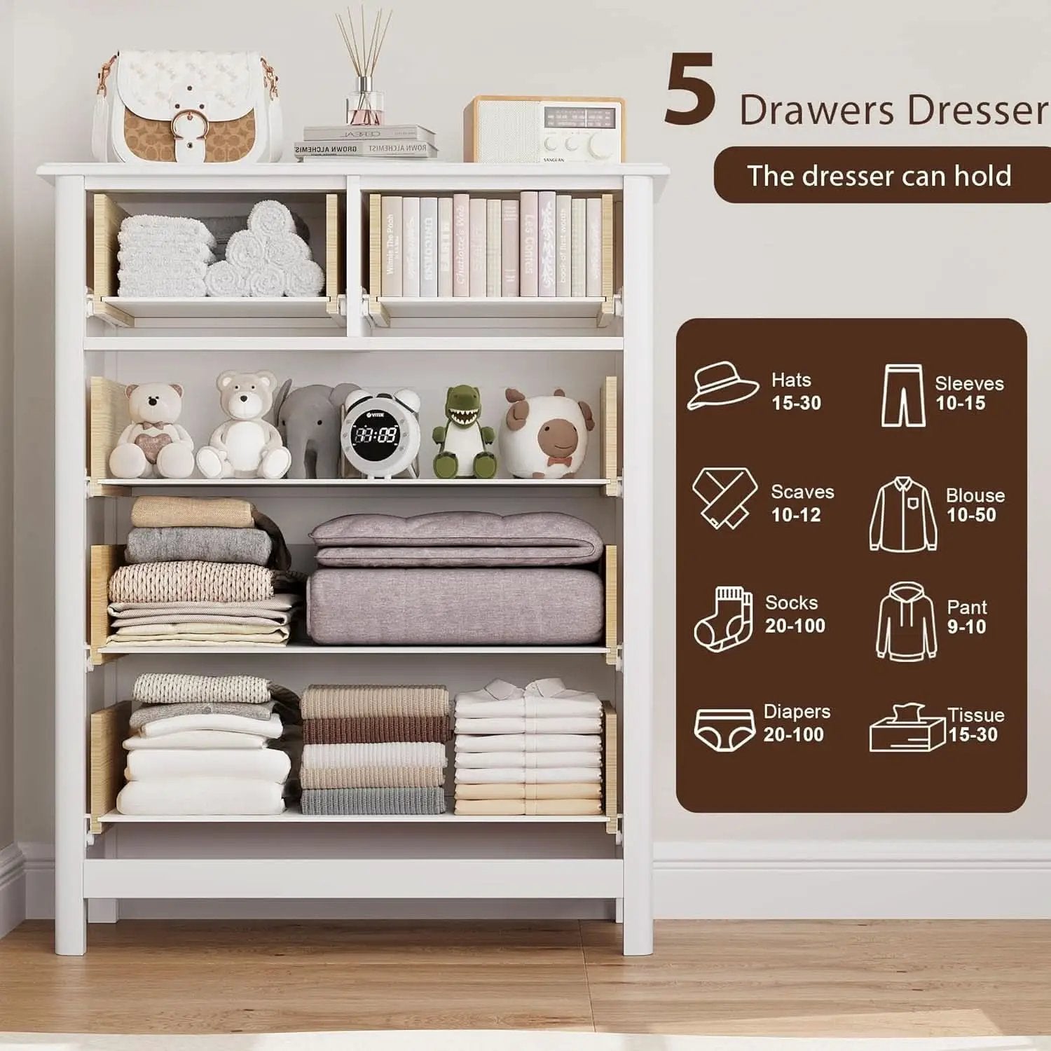 White Five Drawer Dresser For Bedroom Organization from PriceLows™
