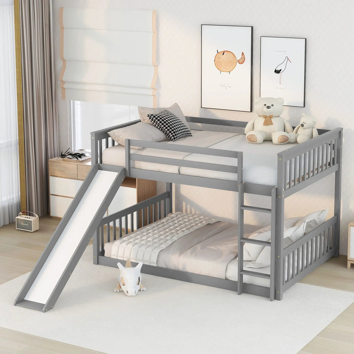 Low Loft Bunk Bed | Built-In Slide And Ladder | Pinewood Frame | Modern Clean Design