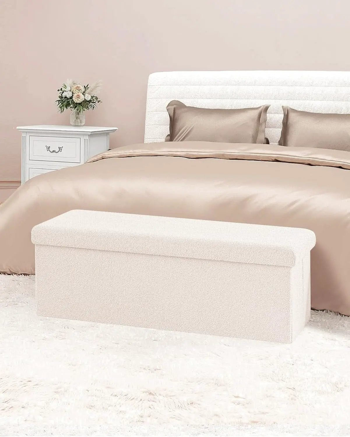 Cream White Faux Fur Storage Ottoman 43.3 Inch Dimensions from PriceLows™