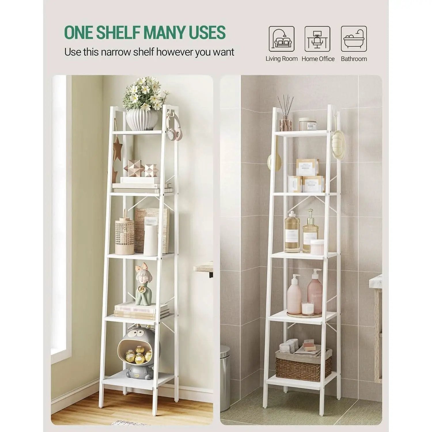 5 Tier White Ladder Shelf Bookcase With Two Hooks For Corner from PriceLows™