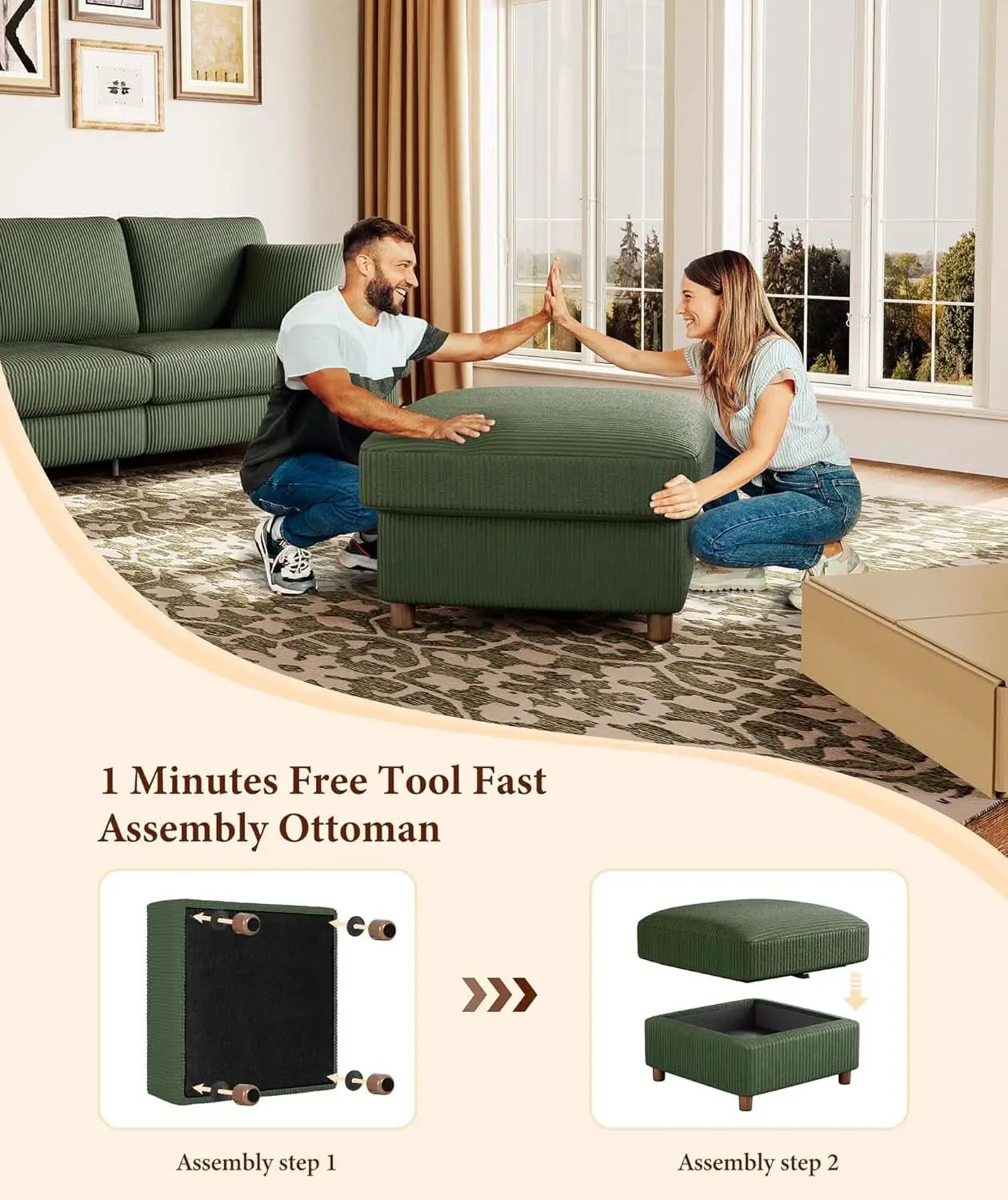 Emerald Corduroy Storage Ottoman 25 Inch Cushioned from PriceLows™