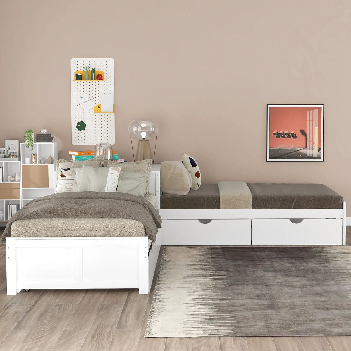 L Shaped Platform Bed | Built In Desk | Trundle With Drawers | Twin Size