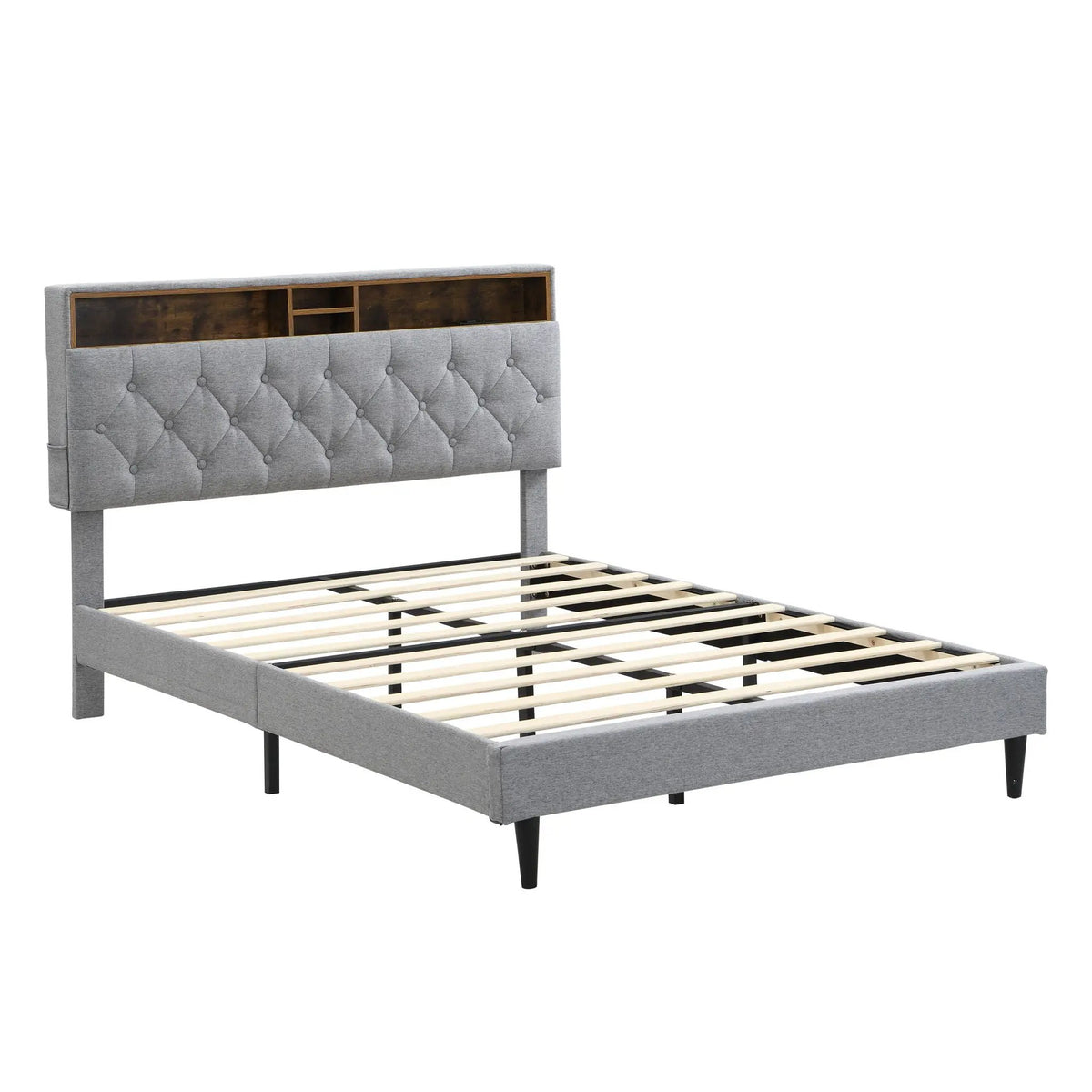 Upholstered Platform Bed Frame | Button Tufted Headboard | Two Storage Compartments | USB Ports And Outlets
