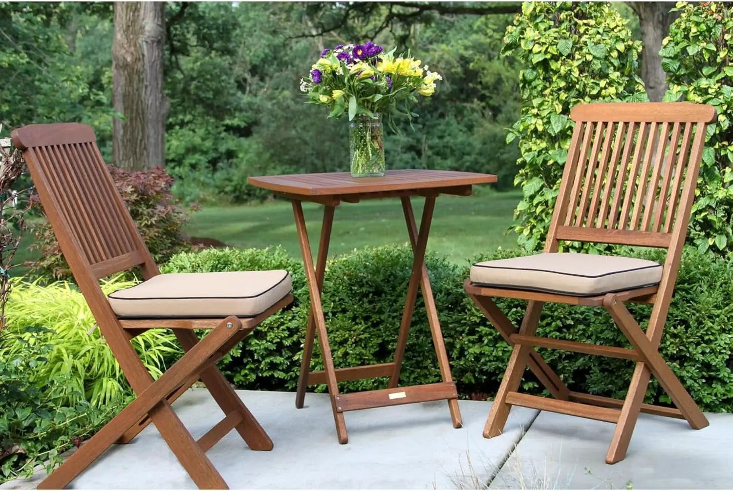 Eucalyptus Wood 3 Piece Foldable Bistro Set Beige Cushions from PriceLows™