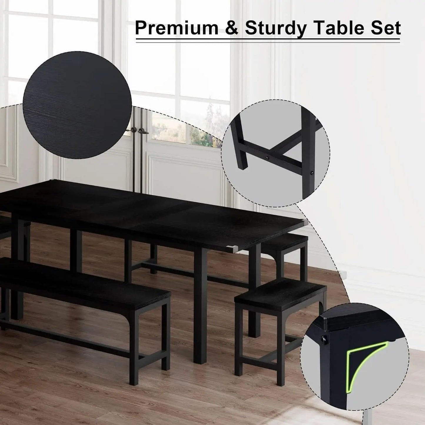 63 Inch Extendable Dining Table Set Black For 4 To 8 from PriceLows™