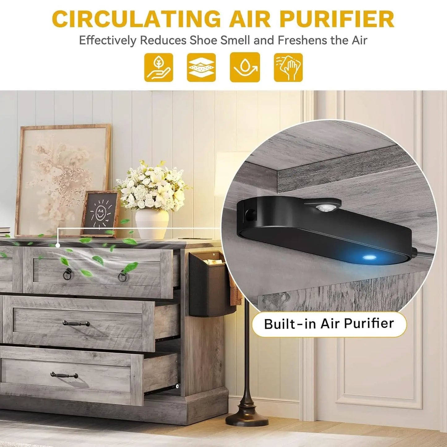 Grey Farmhouse 6 Drawer Dresser 59 Inch Wide With Air Purifier from PriceLows™