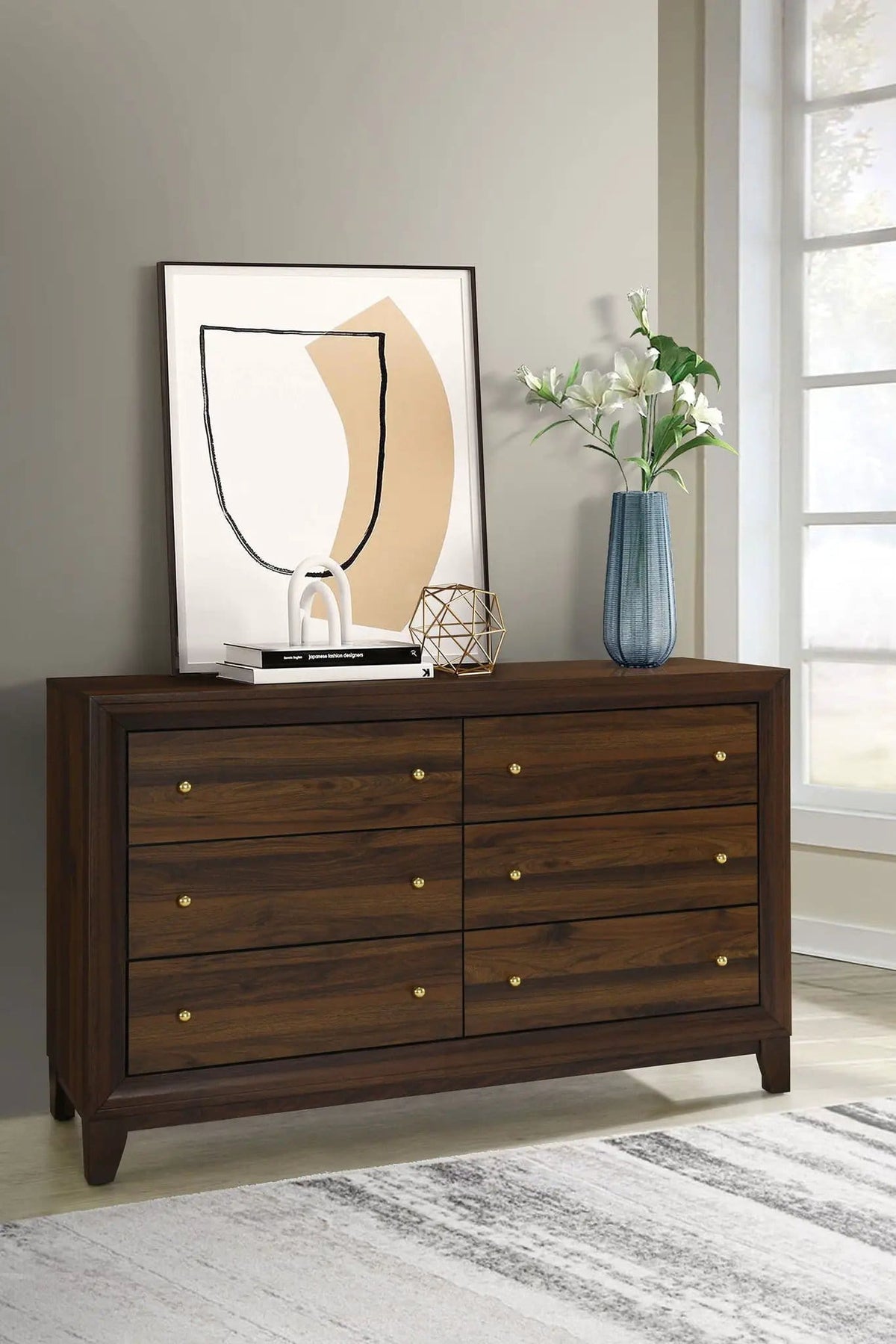 Welsley 6-drawer Dresser Cabinet | 58.5 x 17.25 x 36 in | Engineered Wood & Walnut | Walnut
