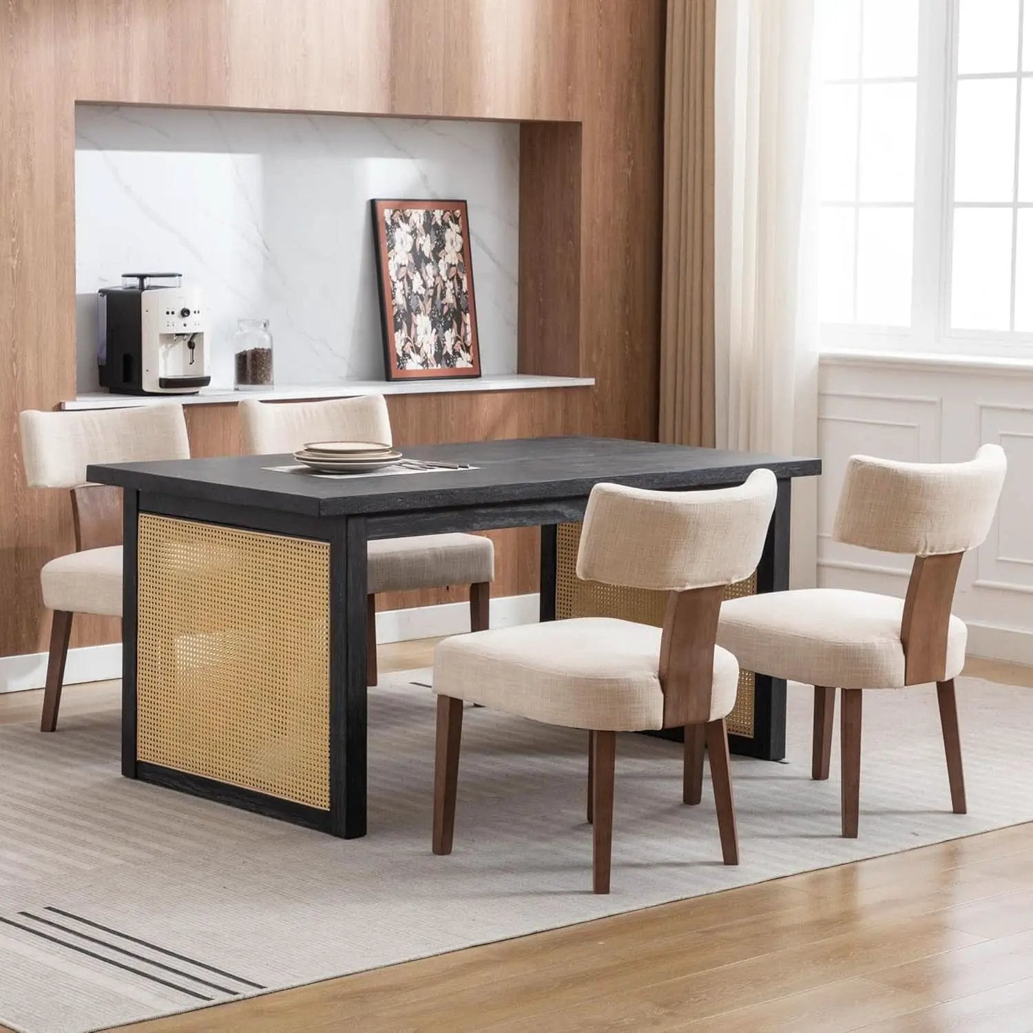Beige Upholstered Linen Dining Armchairs Wood Legs from PriceLows™