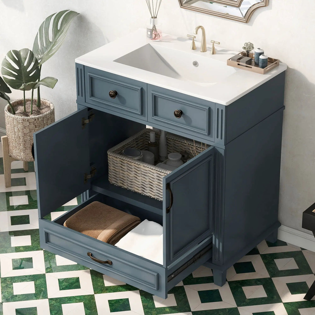 29 Inch Bathroom Vanity | Rubberwood Frame | Ceramic Sink | Soft Closing Doors
