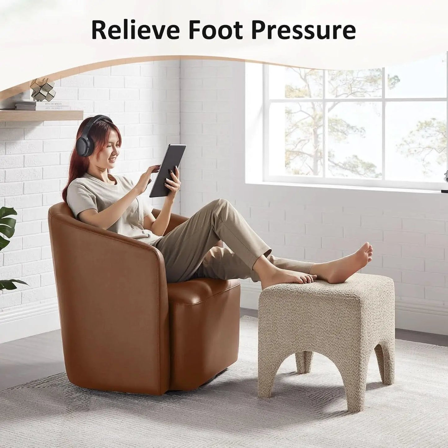 17-Inch Camel Boucle Upholstered Square Ottoman Footstool from PriceLows™