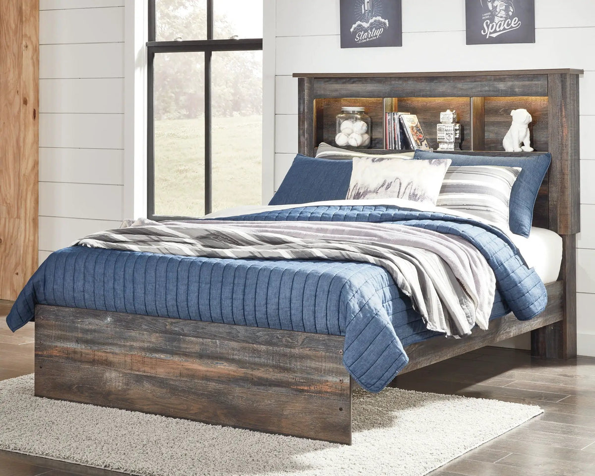 Drystan Panel Bookcase Bed | Storage Headboard | Rustic Industrial Style | 85 Inch Length