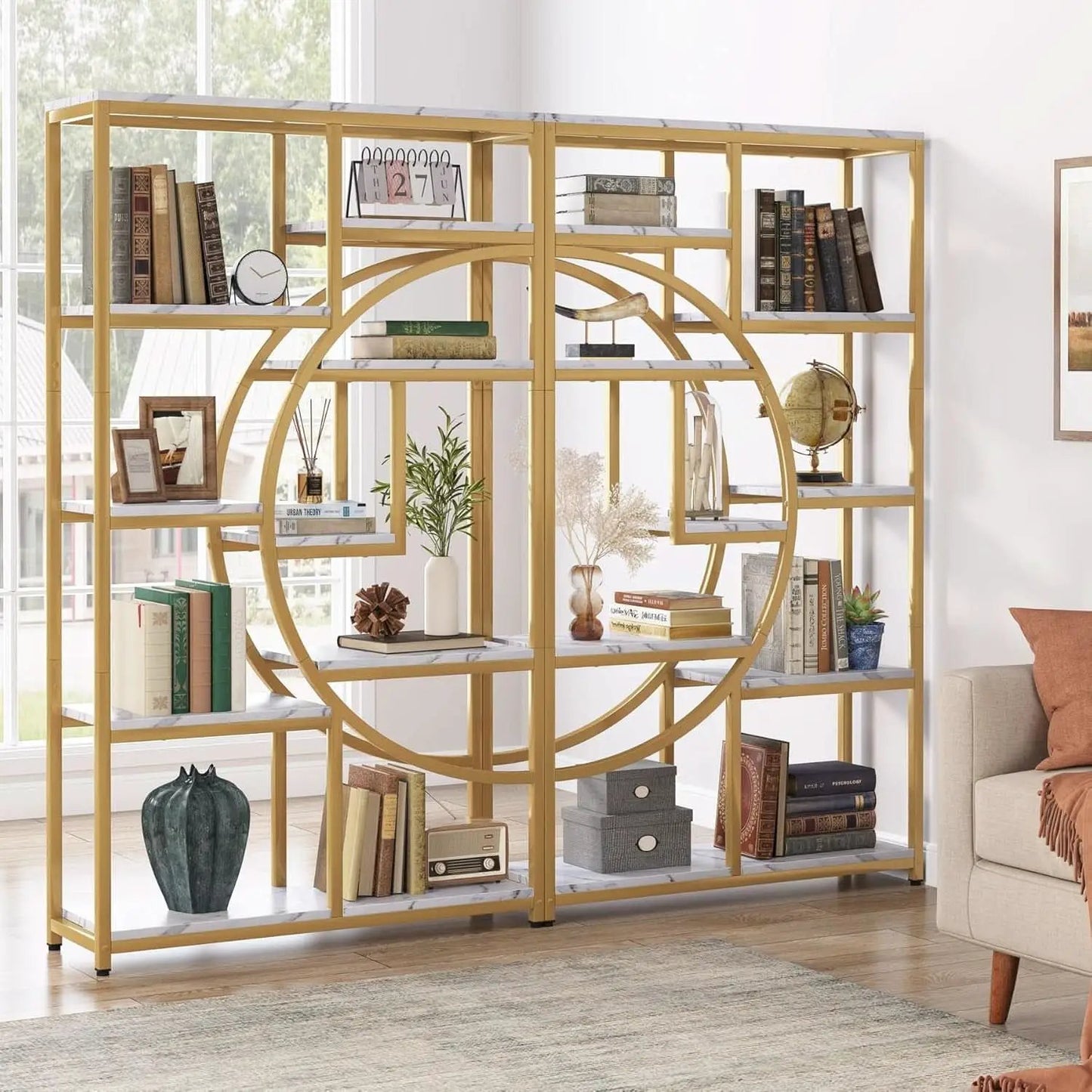 Industrial 5 Tier Etagere Bookcase Gold Frame Shelves from PriceLows™