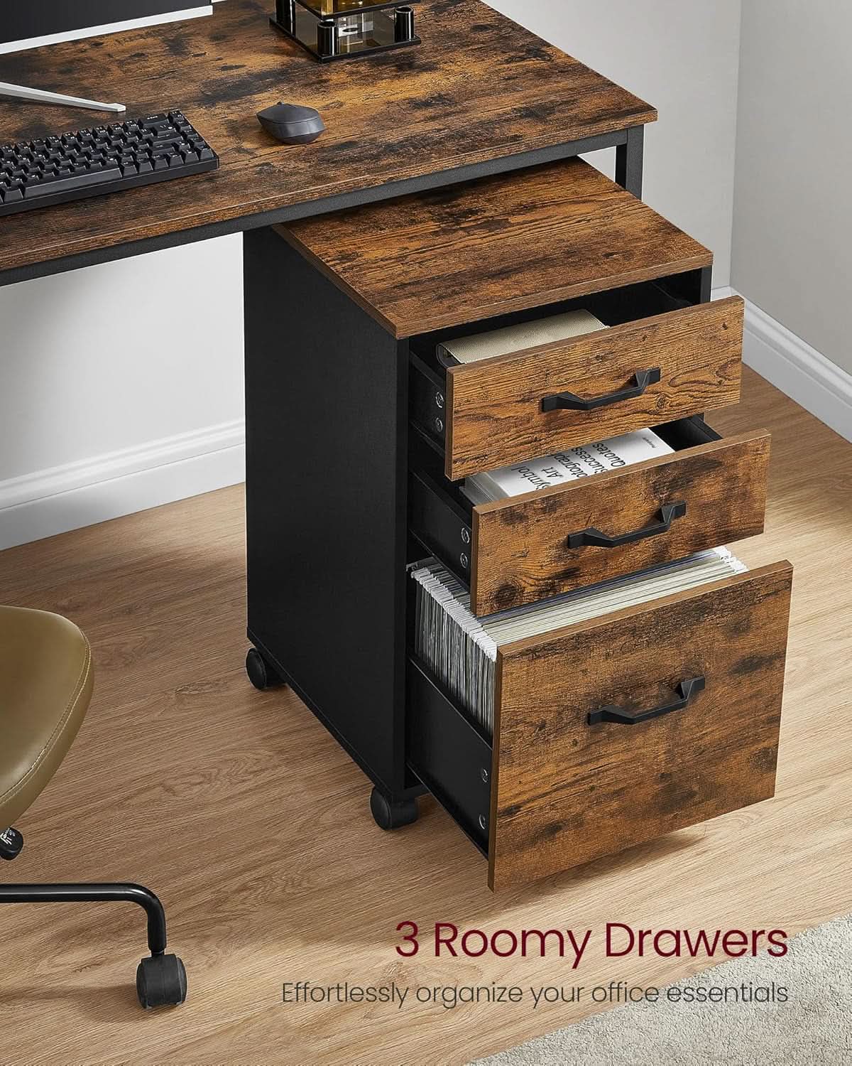 Three Drawer File Cabinet With Wheels For A4 And Letter Documents Rustic Brown from PriceLows™