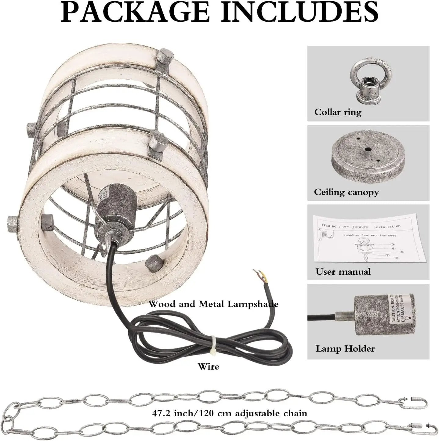Retro Industrial Wood And Metal Round Cage Pendant Light 1 Light White from PriceLows™