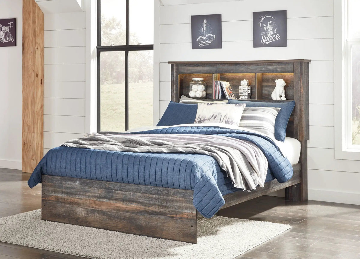 Drystan Panel Bookcase Bed | Storage Headboard | Rustic Industrial Style | 85 Inch Length