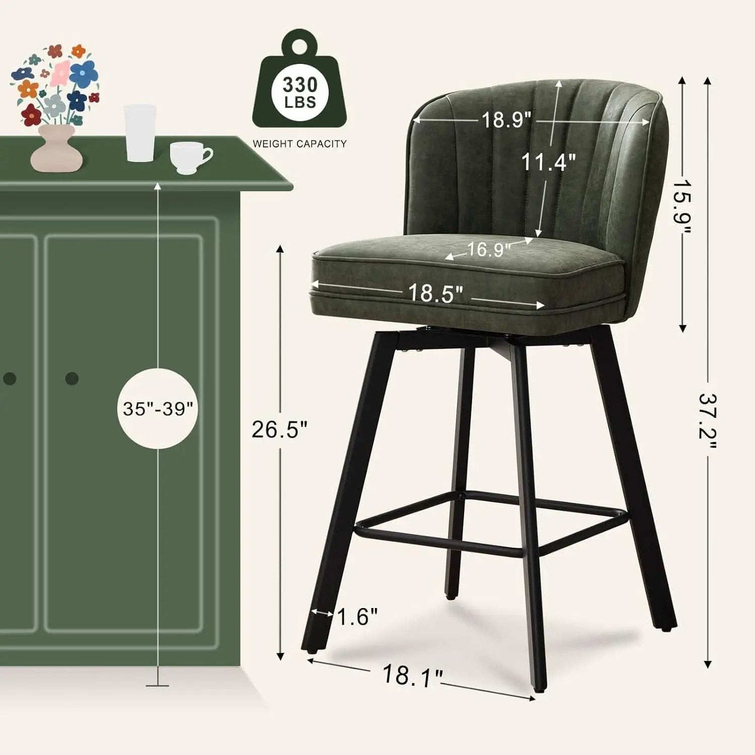 Swivel Counter Height Bar Stools Green Faux Leather from PriceLows™