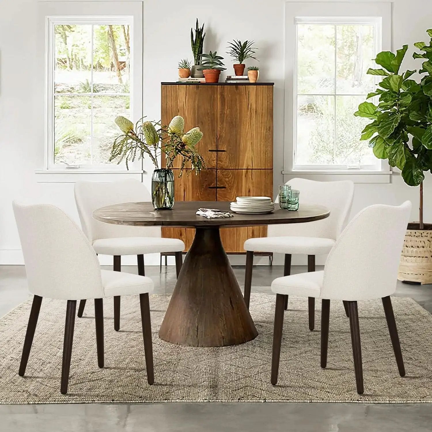 Beige Upholstered Dining Chairs With Wood Legs Set Of 6 from PriceLows™