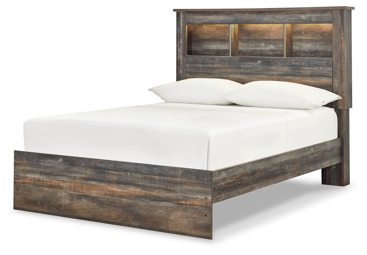 Drystan Panel Bookcase Bed | Storage Headboard | Rustic Industrial Style | 85 Inch Length