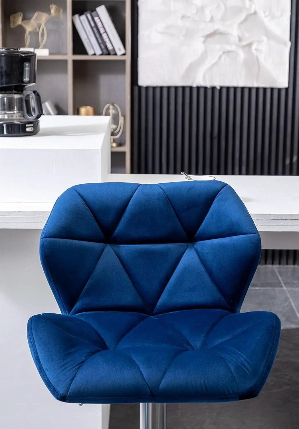 Velvet Diamond Tufted Swivel Barstools Blue Adjustable Height Set of 2 from PriceLows™