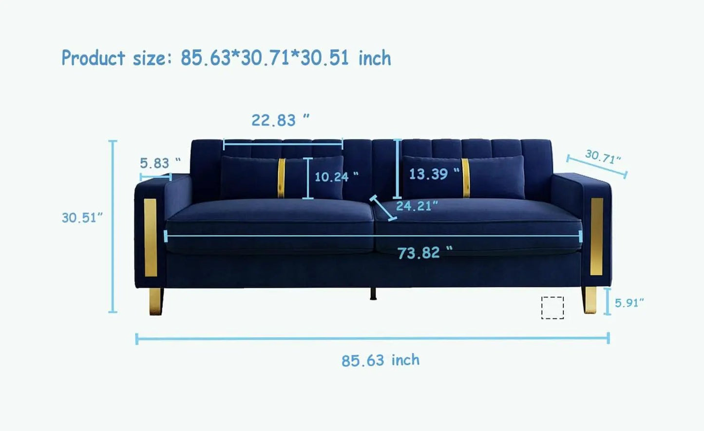 2 Piece Velvet Loveseat Sofa Set For Living Room 86 Inch Blue With Gold Metal Legs And 4 Pillows from PriceLows™