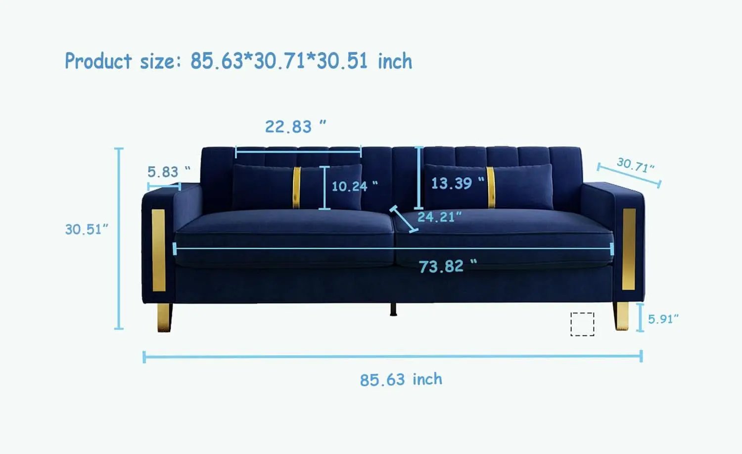 2 Piece Velvet Loveseat Sofa Set For Living Room 86 Inch Blue With Gold Metal Legs And 4 Pillows from PriceLows™