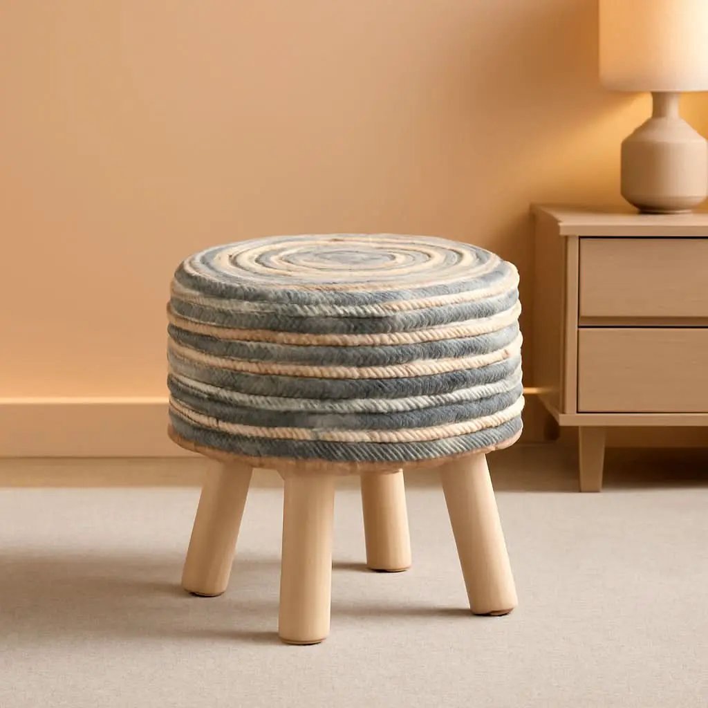 Round Seagrass Ottoman Footstool Handwoven Natural Blue from PriceLows™