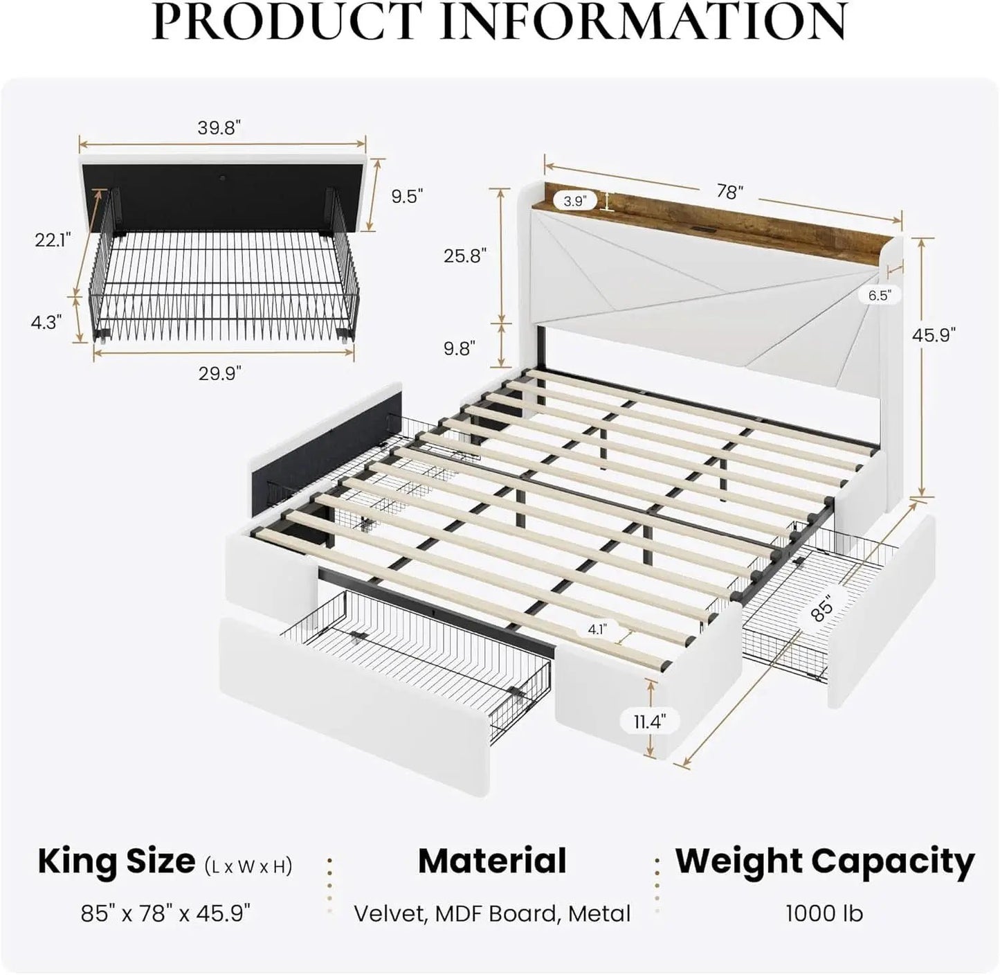 White Velvet Upholstered Bed Frame With USB Type C Ports from PriceLows™