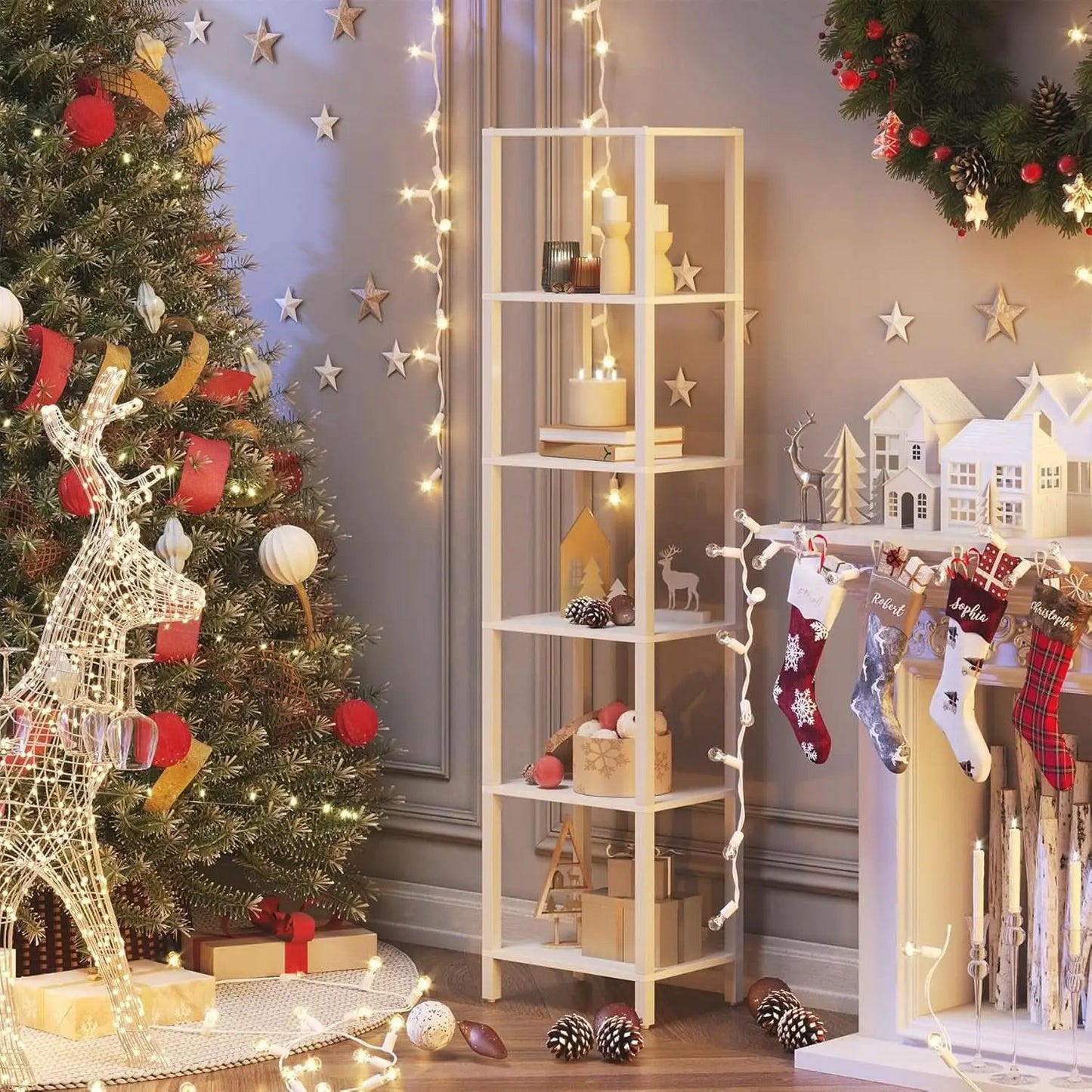 Six Tier Tall White Bookshelf For Small Spaces Living Room from PriceLows™