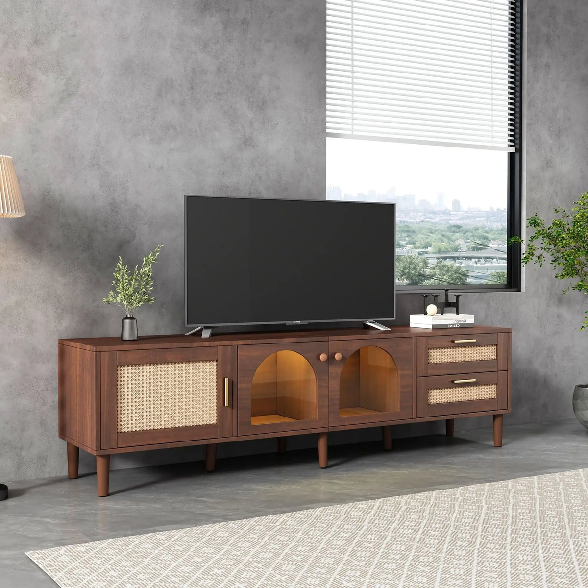 TV Stand | App Controlled LED Lights | Rattan Door Storage | Large TV