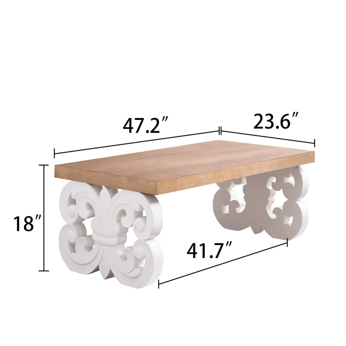 Farmhouse Coffee Table | Ornate Scroll Base | Natural Wood Top | Intricately Carved