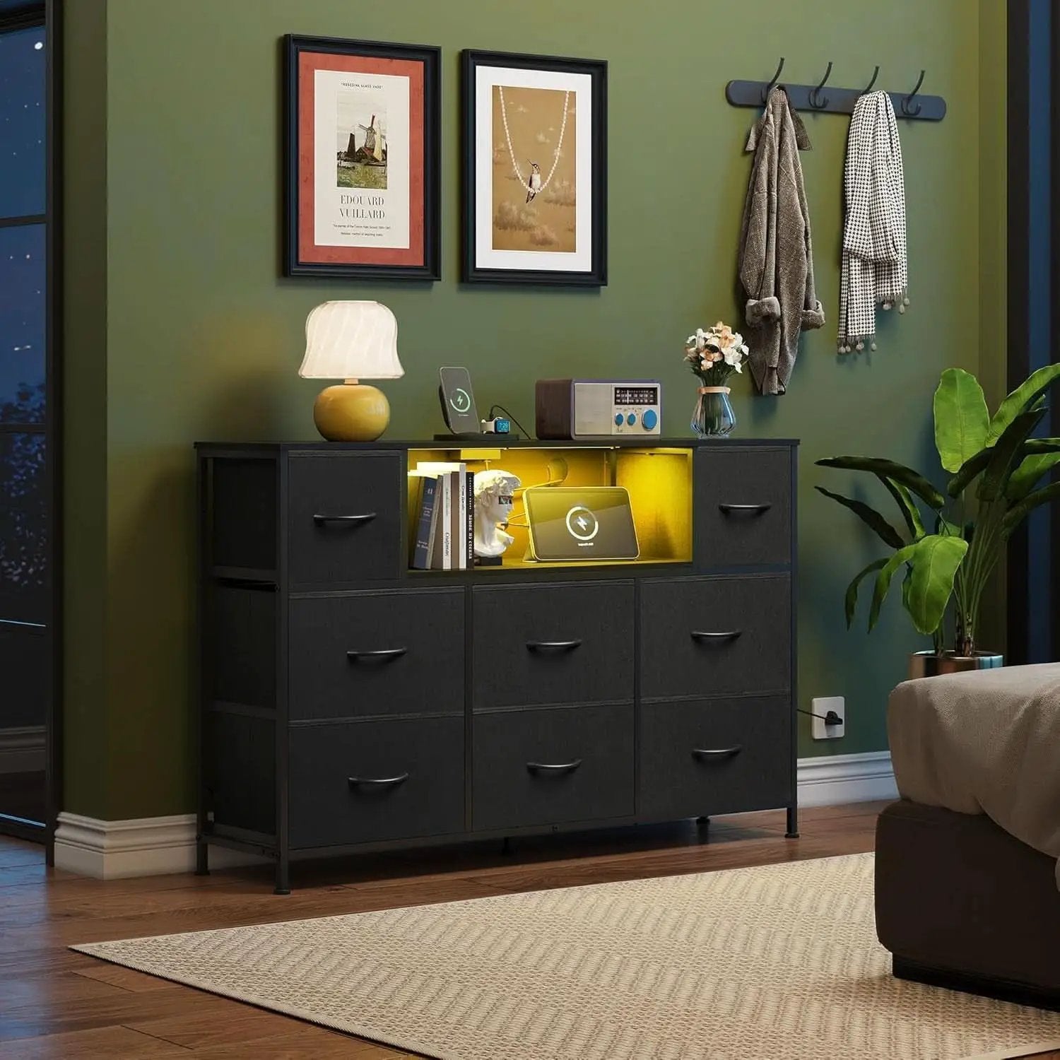 Black Fabric Dresser With Charging Station And LED Lights from PriceLows™