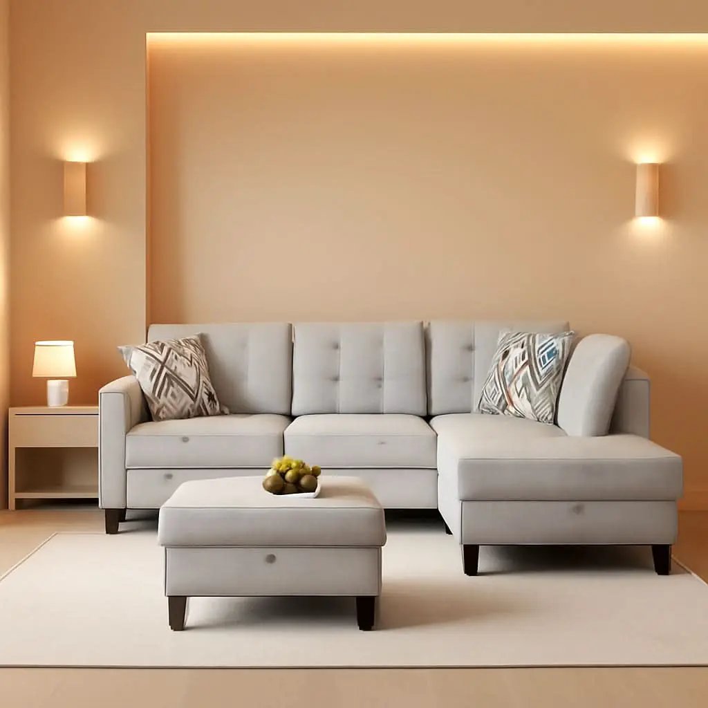 Grey White Flannel L Shaped Sectional Sofa With Ottoman from PriceLows™