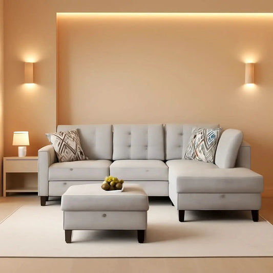Grey White Flannel L Shaped Sectional Sofa With Ottoman from PriceLows™