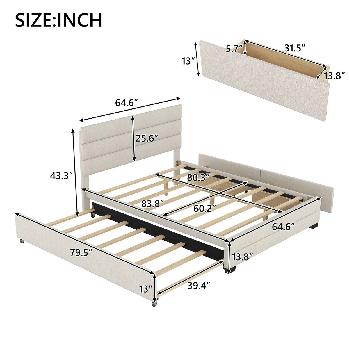 Queen Platform Bed | Twin Trundle | 2 Storage Drawers | Beige