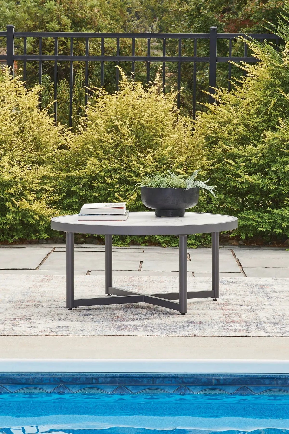Ocean Beach Round Outdoor Table | Gray Shades | Marble Look Top | Porch And Patio